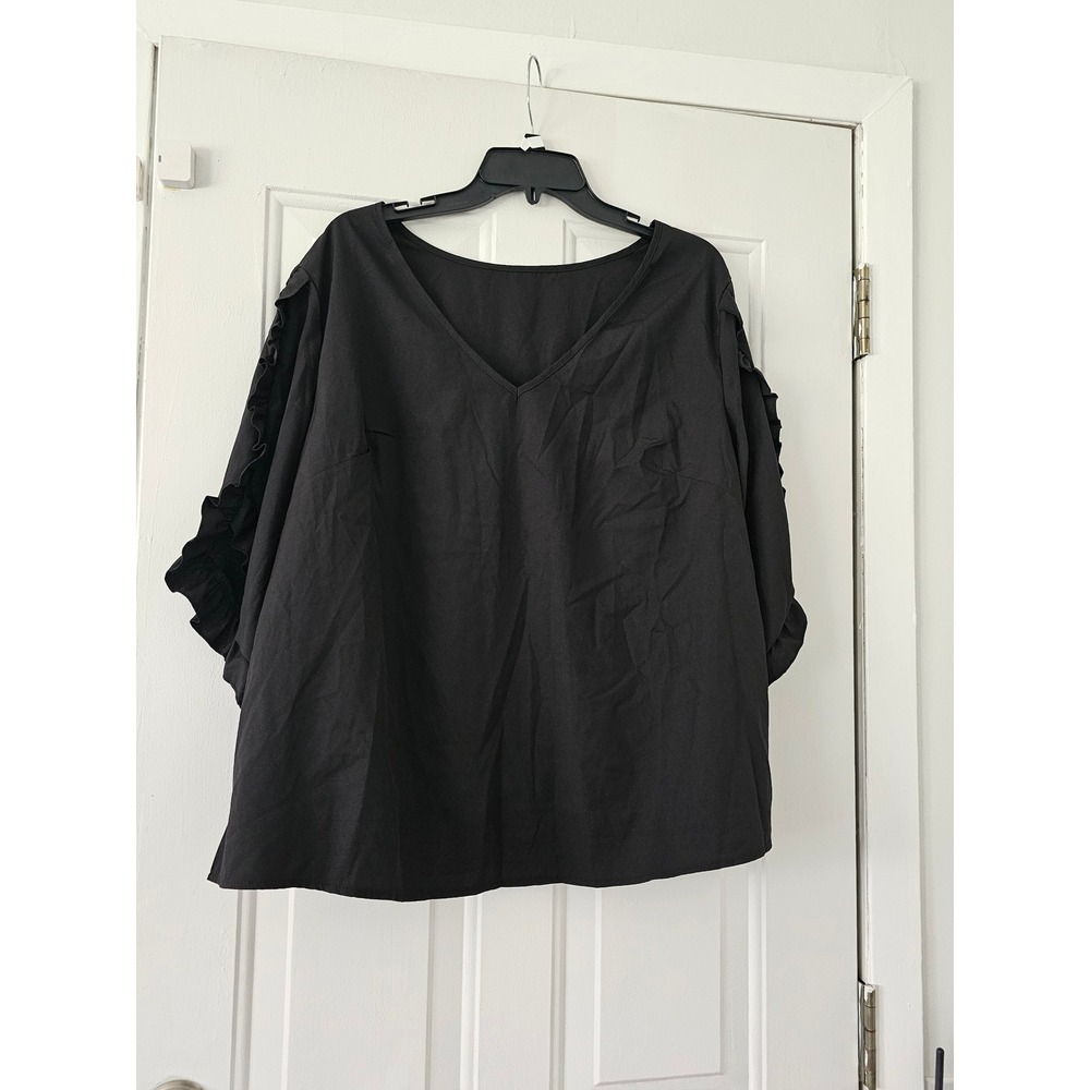 SHEIN Curve Blouse Women 2XL Black Excellent Ruffle Sleeve V-Neck Top